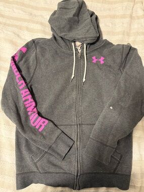 Under Armour Women’s ColdGear Full Zip Hoodie Gray Pink Logo Loose Fit Large